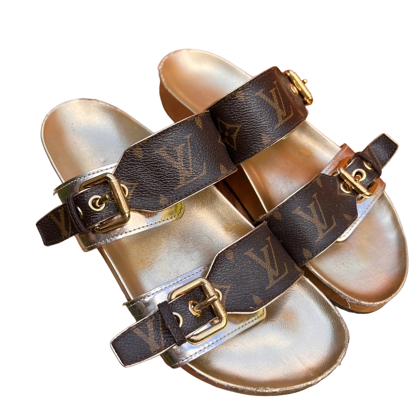 Louis Vuitton Gold Braided Leather Strappy Flat Sandals Size 37 - ShopStyle